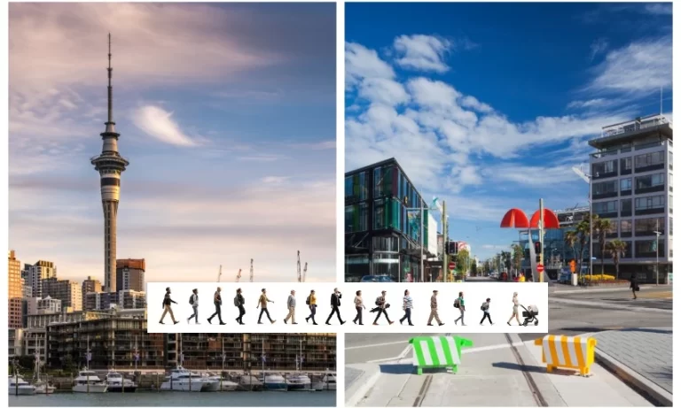 A split image of Auckland and Christchurch scenes