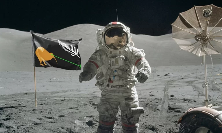 An astronaut on the moon, with the iconic Lazer Kiwi flag in the background.